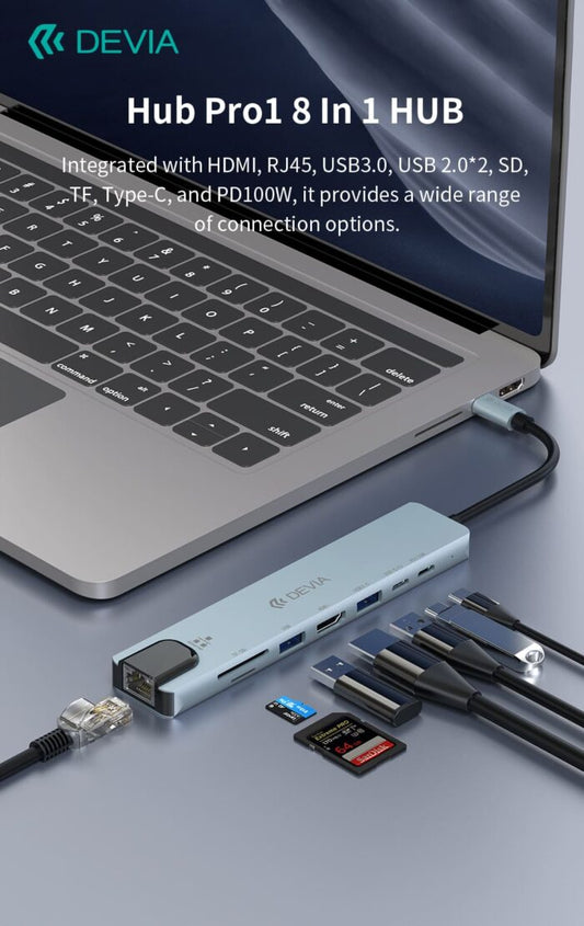 Devia Pro1 8-in-1 USB-C Hub with HDMI, Ethernet & Multi-Port Expansion
