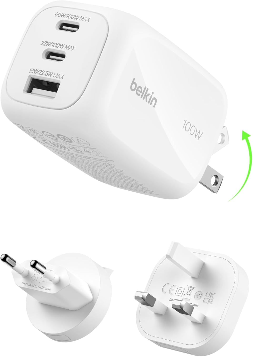 Belkin 3-Port GaN Wall Charger 100W + Travel Adapter Kit