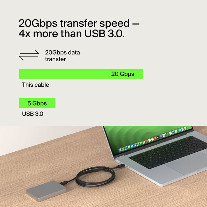 Belkin Connect USB4 Cable (2 m, USB-C to USB-C, 240W PD, 20Gbps)