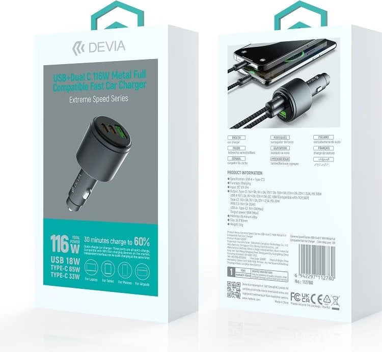 Devia Extreme Speed Series 116W Metal Car Charger (USB-A + Dual USB-C)