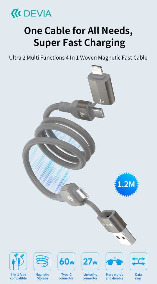 Devia Ultra 2 4-in-1 Woven Magnetic Fast Charging Cable (1.2m) – Natural Titanium
