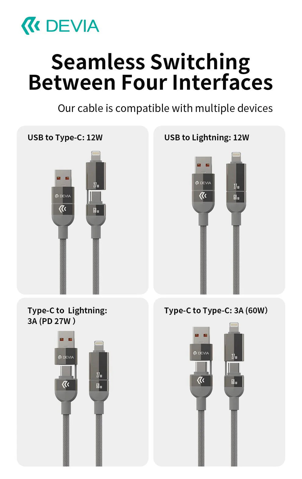 Devia Ultra 2 4-in-1 Woven Magnetic Fast Charging Cable (1.2m) – Natural Titanium